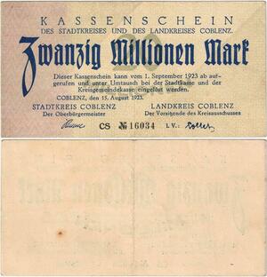 Q4276 Banknote Germany Coblenz 20 Millionen Mark Kassenschein 1923 - Offer