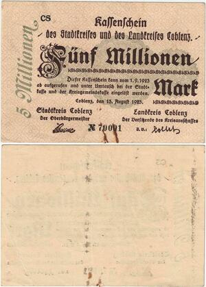 Q4278 Banknote Germany Coblenz 5 Millionen Mark Kassenschein 1923 - Offer