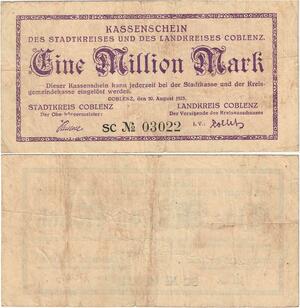 Q4279 Banknote Germany Coblenz Stadtkreis 1 Million Mark Kassenschein 1923 