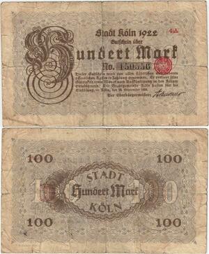 Q4280 Banknote Germany 100 Mark Seal Köln 1923 - offer