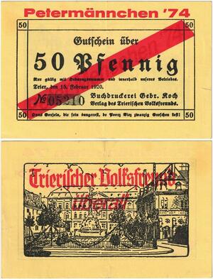 Q4288 Banknote Germany Trier 50 Pfennig Petermännchen'74 1920 Notgeld - Offer