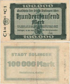 Q4290 Banknote Germany Solingen 100000 Mark 1923 Notgeld - Make Offer