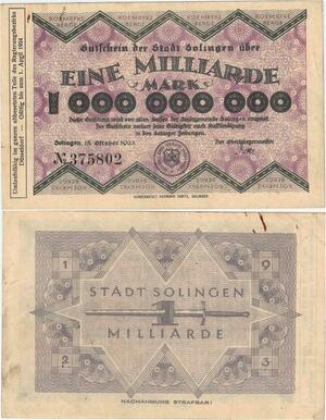 Q4294 Banknote Germany Solingen 1 Milliarde Mark Sword 1923 Notgeld - Make Offer
