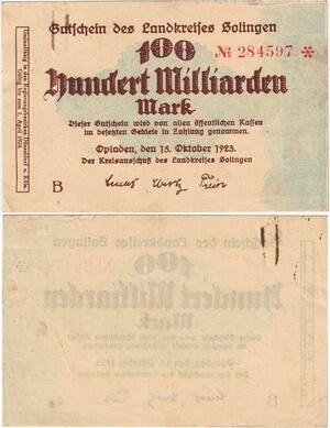 Q4295 Banknote Germany Opladen 100 Milliarden Mark 1923 Notgeld - Offer