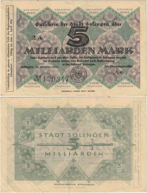 Q4296 Banknote Germany Solingen 5 Milliarden Mark 1923 Notgeld - Make Offer
