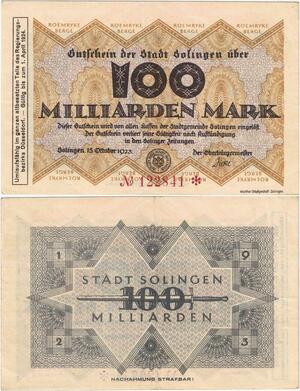 Q4302 Banknote Germany Solingen 100 Milliarden Mark Roemryke Berge 1923 Notgeld