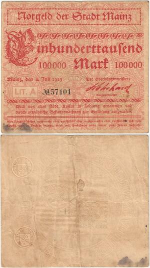 Q4316 Banknote Germany 100000 Mark Ornament Mainz 1923 - Offer