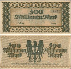 Q4329 Banknote Germany 500000000 Mark Eagle with shield Kaiserlautern 1923