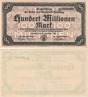 Q4337 Banknote Germany 100000000 Mark City seal Hamburg 1923 - Make Offer
