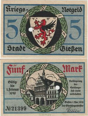 Q4338 Banknote Germany 5 Mark Winged Lion Giessen 1919 - Make Offer