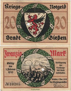 Q4340 Banknote Germany 20 Mark Winged Lion Giessen 1919 - Make Offer