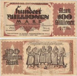 Q4341 Banknote Germany 100000000 Mark 6 Women Kaiserslautern 1923 - M Offer