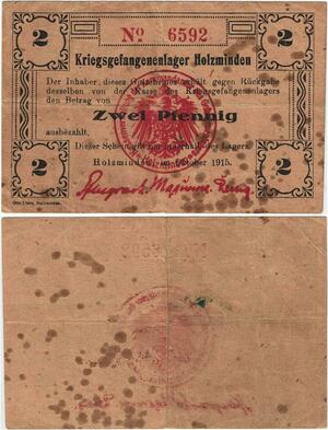 Q4357 Banknote Germany 2 Pfennig Prisoners war camp money Holzminden 1915