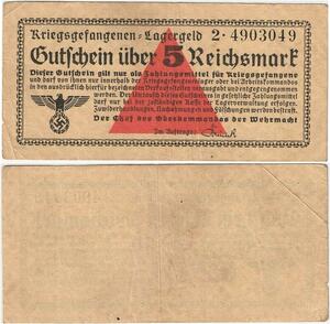 Q4360 Banknote Germany 5 Reichspfennig Kriegsgefangenen camp money 1924-1948