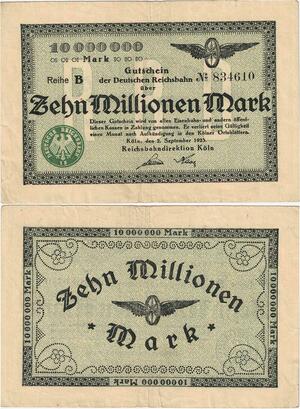 Q4382 Banknote Germany 10 Million Mark Winged weel Köln 1923 - Make Offer