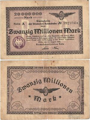 Q4383 Banknote Germany 20 Million Mark  Winged weel Köln 1923 - Make Offer