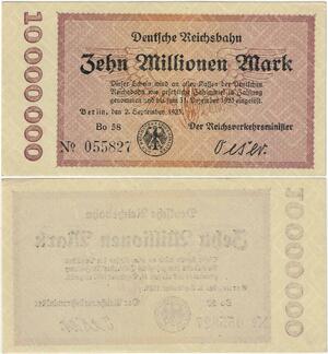 Q4386 Banknote Germany 10 Million Mark Uniface, Eagle, train Berlin 1923