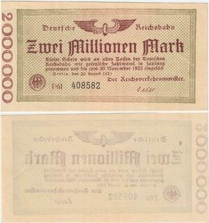 Q4388 Banknote Germany 2 Million Mark Uniface, Eagle, train Berlin 1923