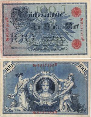 Q4403 Banknote Germany Berlin 100 Mark 3 women national emblem 1908 - Offer