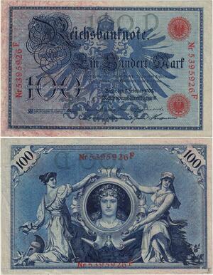Q4404 Banknote Germany Berlin 100 Mark 3 women national emblem 1908 - Offer