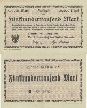 Q4446 Banknote Germany Neuwied Rheinland 500000 Mark 1923 AU -> Make Offer