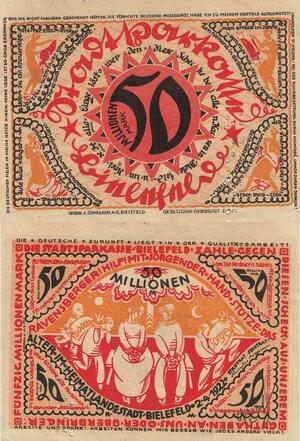 Q4452 Banknote Germany Bielefeld Weimar 50 Millionen Mark Notgeld 1922 AU