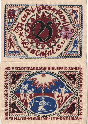 Q4453 Banknote Germany Bielefeld Weimar 25 Mark Silk Notgeld 1921 Soie UNC