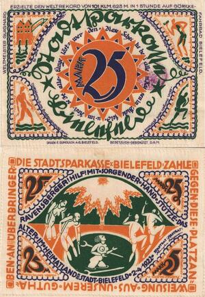 Q4455 Banknote Germany Bielefeld 25 Mark Silk Notgeld 1922 Counterstamped UNC