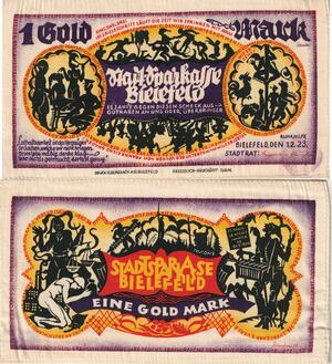 Q4456 Rare Banknote Germany Bielefeld Weimar 1 Gold Mark Notgeld 1923 Soie AU