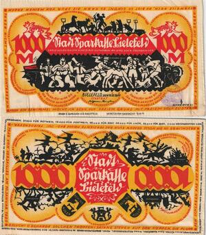 Q4457 Rare Banknote Germany Bielefeld 1000 Mark Notgeld Soie 1922 AU -> M Offer 