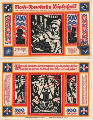 Q4459 Rare Banknote Germany Bielefeld 500 Mark Silk 1923 Soie Notgeld AU 