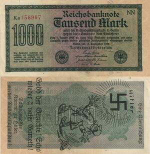 Q4463 Rare Banknote German Judaica 1000 Mark Antisemit Godd Gerachte 1922 