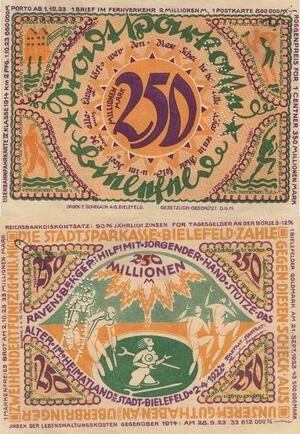 Q4467 Banknote Germany Bielefeld Weimar 250 Millionen Mark War scene 1923