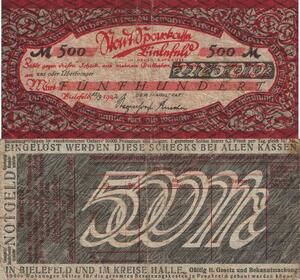 Q4469 Banknote Germany Bielefeld Weimar Scheck 500 Mark inflation 1922 - M Offer