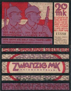 Q4471 Banknote Germany Bielefeld 20 Mark Prussian soldiers 1918 notgeld