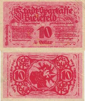 Q4475 Banknote Germany Bielefeld 1/42 Dollar 10 Gold Pfennig Notgeld -> M offer 