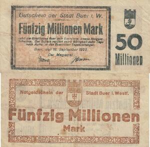 Q4476 Banknote Germany Buer 50 Millionen Mark Stadt Inflation Notgeld 1923 