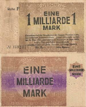 Q4477 Banknote Germany Hamborn 1 Milliarde Mark Thyssen-Hütte 1924 Notgeld 