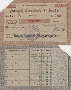 Q4483 Banknote Germany Braunschweig 10 Mark Sparkasse 1918