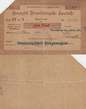 Q4484 Banknote Germany Braunschweig 2 Mark Sparkasse 1918
