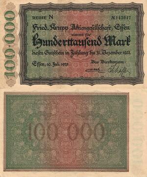 Q4487 Banknote Germany Essen 100000 Mark 1923 Krupp Notgeld AU - Make Offer