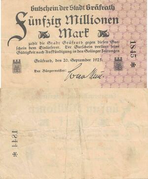 Q4489 Banknote Germany Gräfrath 50 Millionen Mark Stadt 1923 Notgeld 
