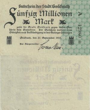 Q4490 Banknote Germany Gräfrath 50 Millionen Mark Stadt 1923 Notgeld 