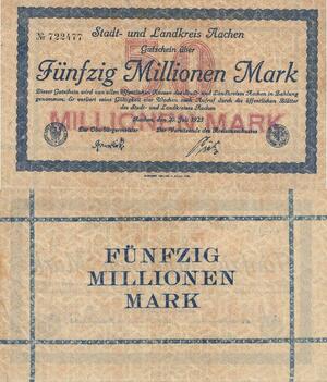Q4493 Banknote Germany Landkreis Aachen 50 Millionen Mark 1923 Notgeld AU