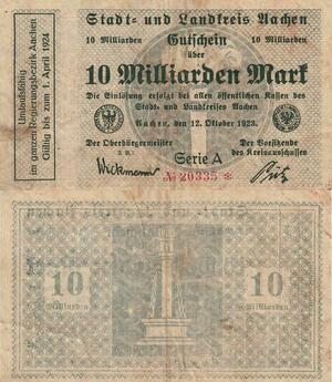 Q4494 Banknote Germany Landkreis Aachen 10 Milliarden Mark 1923 Notgeld 
