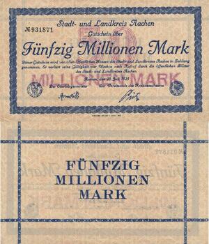 Q4499 Banknote Germany Aachen 50 Millionen Mark 1923 Notgeld - Make Offer