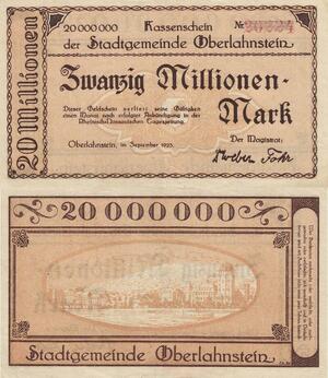 Q4504 Banknote Germany Oberlahnstein Nassau 20 Millionen Mark 1923 Notgeld