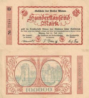 Q4505 Banknote Germany Adenau 100000 Mark 1923 Notgeld - Make Offer
