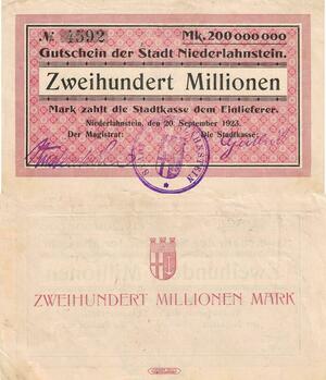 Q4506 Banknote Germany Niederlahnstein 200 Millionen Mark 1923 Notgeld 