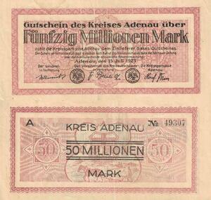 Q4507 Banknote Germany Adenau 50 Millionen Mark 1923 Notgeld 